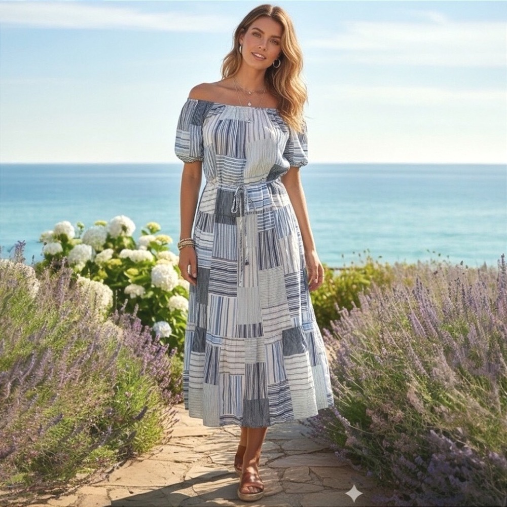 LOFT Midi Dress‎ Blue Patchwork Boho Tiered Tie Waist MP